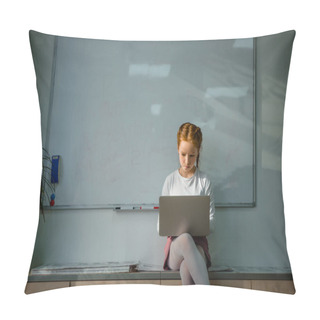 Personality  Concentrated Little Child Working With Laptop In Front Of Whiteboard Pillow Covers