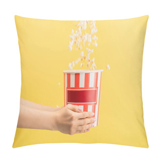 Personality  Tasty Popcorn Falling Into Striped Bucket In Female Hands Isolated On Yellow, Cinema Concept Pillow Covers
