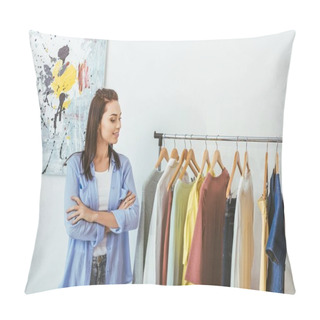 Personality  Smiling Designer With Crossed Hands Looking At Clothes   Pillow Covers