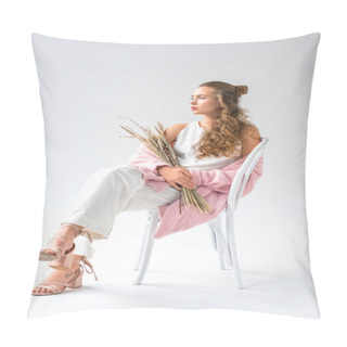 Personality  Stylish Woman Sitting On Chair With Bunch Of Willow Tree Branches And Spikelets And Looking Away  Pillow Covers