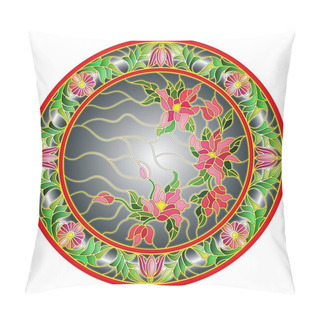 Personality  Illustration In Stained Glass Style Flowers On A Dark Background  In A Bright Floral Frame , Round Picture Pillow Covers