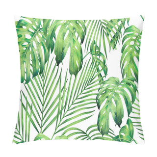 Personality  Watercolor Painting Colorful Tree Palm,monstera Leaves Seamless Pattern Background.Watercolor Hand Drawn Illustration Tropical Exotic Leaf Prints For Wallpaper,textile Hawaii Aloha Jungle Pattern. Pillow Covers