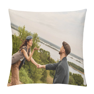 Personality  Fashionable Brunette Woman In Newsboy Cap And Vest Blowing Air Kiss And Holding Hand Of Bearded Boyfriend In Jacket With Nature And Sky At Background, Fashion-forwards In Countryside Pillow Covers