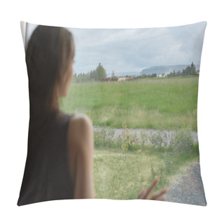 Personality  Blurred Woman Silhouette Standing By Window With Beautiful Nature View, Stay Isolation At Home For Self Quarantine. Concept Quarantine, Solitary, Sorrow. Pillow Covers