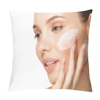Personality  Young Woman With Moisturizing Facial Mask On White Background.  Pillow Covers