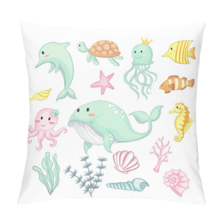 Personality  Set Of Illustration Cute Animal And Plant Under Sea Hand Drawn Pillow Covers
