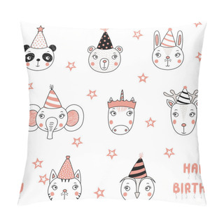 Personality  Hand Drawn Seamless Pattern With Cute Animal Faces In Party Hats Happy Birthday Balloons On White Background With Stars, Vector, Illustration Pillow Covers