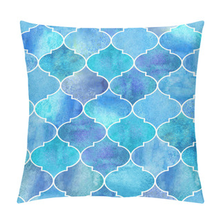 Personality  Vintage Decorative Moroccan Seamless Pattern. Watercolor Hand Drawn Blue Teal Endless Texture Background. Watercolour Geometrical Oriental Elements. Print For Textile, Wallpaper, Wrapping Pillow Covers
