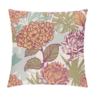 Personality  Tropic Nature Seamless Pattern. Hand Drawn Tropical Summer Background: Hydrangea, Protea Flowers, Palm, Monstera Leaves In Silhouette, Line Art, Grunge Texture. Vector Illustration In Retro Colors Pillow Covers