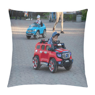 Personality  Two Little Boys Ride On Red And Blue Electric Cars While Walking Pillow Covers