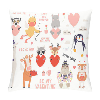 Personality  Big Valentines Day Set With Cute Animals, Hearts, Quotes Isolated On White Background. Scandinavian Style Flat Design. Concept For Kids Print  Pillow Covers