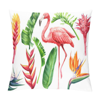 Personality  Exotic Flowers, Palm Leaves And Flamingo. Watercolor Botanical Bright Collection Of Nature Isolated Background. Pillow Covers