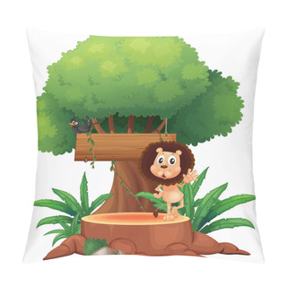 Personality  A Lion And A Bird Under The Tree With An Empty Sign Pillow Covers