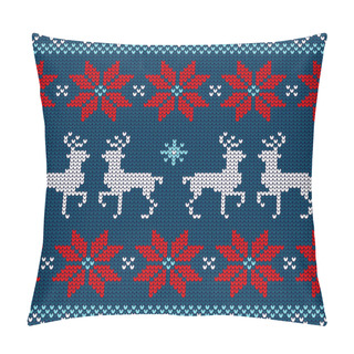 Personality  Seamless Pattern Knitted Reindeer And Poinsettia Red White Blue Pillow Covers