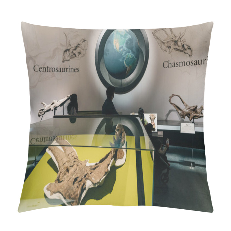 Personality  Drumheller, Canada - Mar 2023 Visitors Flock To The Dinosaur Exhibits At The Entrance Of The Royal Tyrrell Museum. High Quality Photo Pillow Covers