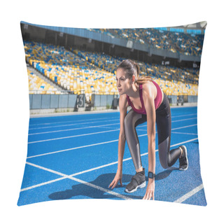 Personality  Fit Female Runner In Start Position On Running Track At Sports Stadium Pillow Covers