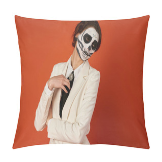 Personality  Woman In Spooky Sugar Skull Makeup And White Elegant Blazer Posing On Red, Dia De Los Muertos Fest Pillow Covers