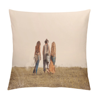 Personality  Attractive Boho Man And Women Are Walking By Field. Youth And Ha Pillow Covers