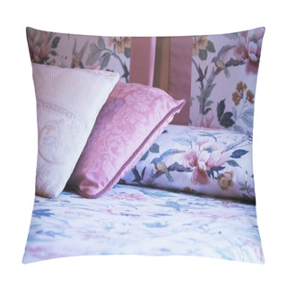 Personality  Wide Selective Shot Of White And Pink Pillows On A Bed With Flower Patterned Sheets Pillow Covers