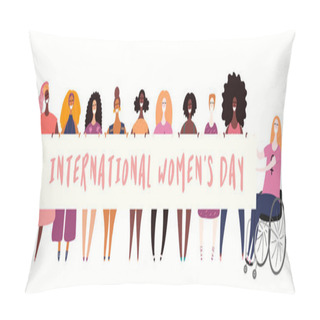 Personality  Hand Drawn Vector Illustration Of Diverse Girls Holding Banner Isolated On White Background. Hand Drawn Vector Illustration. Concept Of Modern Women. Female Cartoon Characters  Pillow Covers
