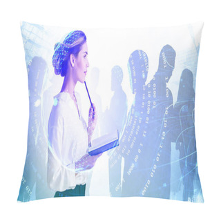 Personality  Side View Of Smiling Young Businesswoman Working In Night City With Her Team. Toned Image Double Exposure Of Network Interface Pillow Covers