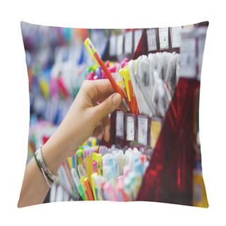 Personality  Partial View Of Woman In Beaded Bracelets Holding Colorful Ball Pen Near Rack With Stationery Pillow Covers