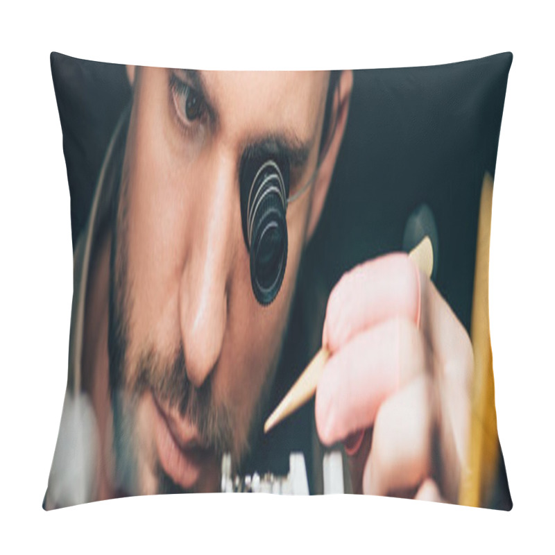 Personality  Panoramic Shot Of Watchmaker In Eyeglass Loupe Working With Wristwatch Isolated On Black Pillow Covers