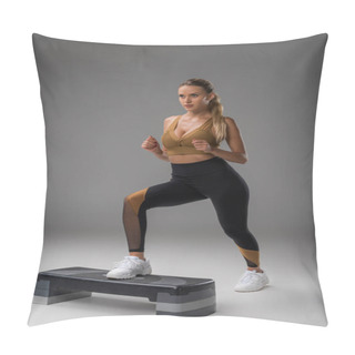 Personality  Sportive Young Woman Working Out On Step Aerobics Board On Grey Pillow Covers
