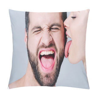 Personality  Young Woman Licking Face Of Shouting Man Isolated On Grey Pillow Covers