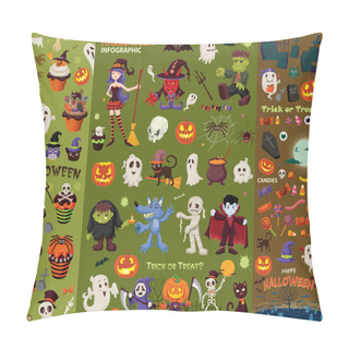 Personality  Vintage Halloween Poster Design Set With Vector Vampire, Witch, Mummy, Wolf Man, Ghost, Reaper, Pirate Character. Pillow Covers