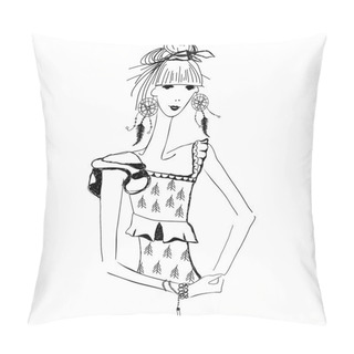 Personality  Sketch Of Young Fashion Woman In Boho Style For T-shirts Print, Phone Case, Posters, Bag Print, Cup Print Or Notepad Cover Pillow Covers