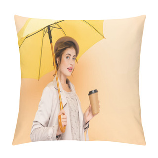 Personality  Sensual Woman In Stylish Autumn Outfit Looking At Camera While Holding Coffee To Go Under Yellow Umbrella On Peach Pillow Covers