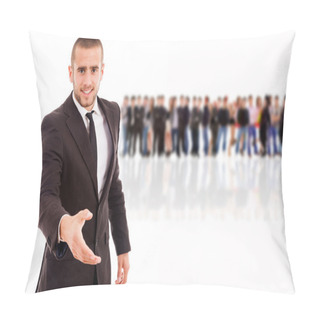 Personality  Smiling Young Businessman With An Open Hand Ready To Seal A Deal Pillow Covers