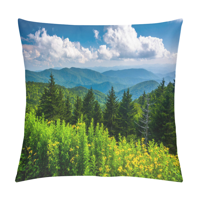 Personality  Yellow flowers and view of the Appalachian Mountains from the Bl pillow covers