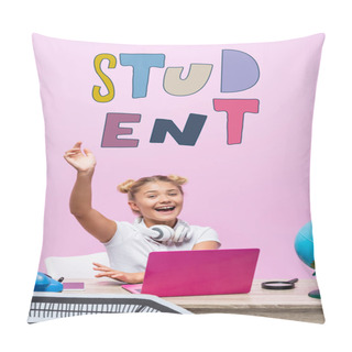 Personality  Schoolgirl Sitting With Raised Hand Near Laptop, Telephone, Student Lettering And Paper Art On Pink  Pillow Covers
