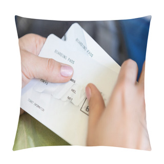 Personality  Close Up View Of Caucasian Female Hands With Boarding Passes Pillow Covers