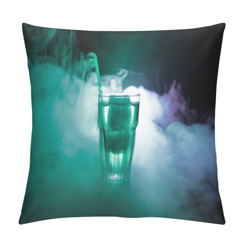Personality  Alcohol cocktail in glass with ice in smoke on dark background. Club drinks concept. One glass of cocktail. Selective focus pillow covers