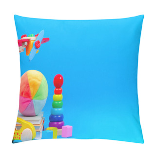 Personality  Baby Kid Toy Background. Wooden Toy Plane, Baby Stacking Rings Pyramid And Colorful Blocks On Blue Background Pillow Covers