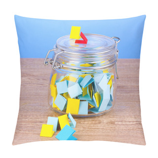 Personality  Pieces Of Paper For Lottery In Jar On Wooden Table On Blue Background Pillow Covers