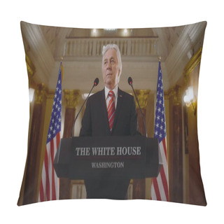 Personality  Senior Republican Politician Answers Press Questions And Gives Interview For TV Breaking News In White House. Confident Political Speech During Press Conference. Campaign Speech. Political Discourse. Pillow Covers
