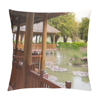 Personality  Water Lily Floating Leaves Pond With Miniature Rockery Landscape, Traditional Vietnamese Wooden Houses On Concrete Pillar Foundation, Railing, Palm Leaves Thatched Roofing, Raised Up On Stilts. Asia Pillow Covers