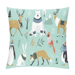 Personality  Set Of Christmas Animals In The Forest, Bear, Fox, Hare, Reindeer, Penguin. Scandinavian Style.Winter Animals In A Sweater And Scarfs. Hand Drawn Characters Cartoon Flat Design. Pillow Covers