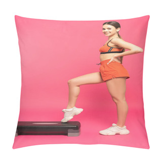 Personality  Happy Sportswoman Standing With Hand On Hip Near Step Platform On Pink  Pillow Covers