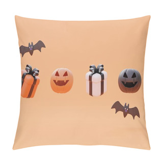 Personality  Happy Halloween Background Banner,pumpkin,gift,bat,isolated,3d Illustration Pillow Covers