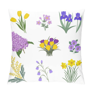 Personality  Collection Of Yellow And Purple Flowers On A White Background. There Are Mimosa, Tulips, Bells, Pansies, Irises, Lilacs, Anemone, Crocuses And Daffodils In The Picture. Vector Illustration. Pillow Covers