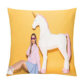 Personality  Decorative Unicorn And Stylish Asian Female Model In Sunglasses Sitting On Floor On Yellow Background  Pillow Covers
