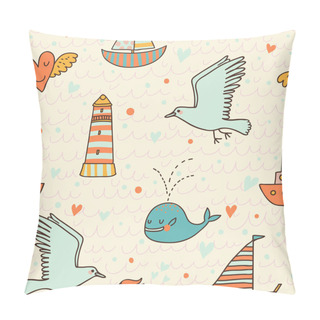 Personality  Marine Concept Seamless Pattern. Whale, Boat, Ship, Lighthouse, Seagull In Funny Cartoon Background In Vector Pillow Covers