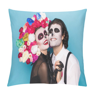 Personality  Profile Photo Of Cute Scary Romantic Couple Man Lady Hold Hands Cuddle Cheeks Beaming Smiling Wear Black Dress Death Costume Roses Headband Suspenders Isolated Blue Color Background Pillow Covers