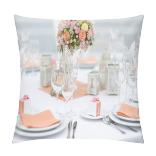 Personality  Table Set For An Event Party Or Wedding Reception Pillow Covers