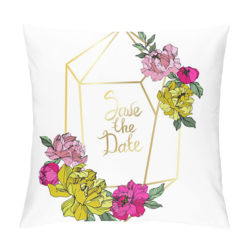Personality  Vector Pink and yellow peonies. Wildflowers isolated on white. Engraved ink art. Floral frame border with 'save the date' lettering pillow covers